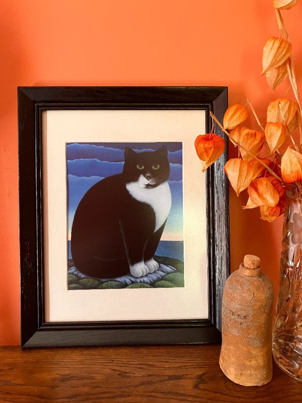 Vintage Martin Leman Framed Cat Print - Caroline's Cat - 1970's Tuxedo Cat Art